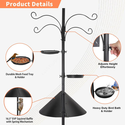 Squirrel Proof Bird Feeder Pole Kit, 92 Inch Height With 9 Prongs Base, 1 Inch Diameter Heavy Duty Stand, Adjustable Shepherds Hooks