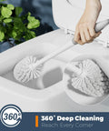Three Pack Toilet Brushes With Holder For Deep Cleaning demonstrating scrubbing action in toilet bowl with ergonomic handle.