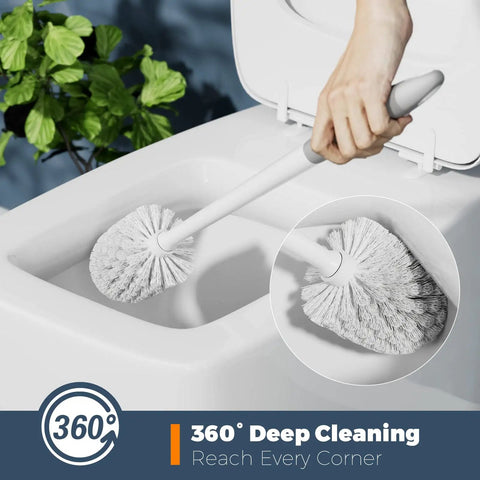 Three Pack Toilet Brushes With Holder For Deep Cleaning demonstrating scrubbing action in toilet bowl with ergonomic handle.