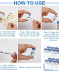 Threlaco 2ml sterile empty vials with blue caps and 20 label stickers shown in a step-by-step collage with syringe and storage rack