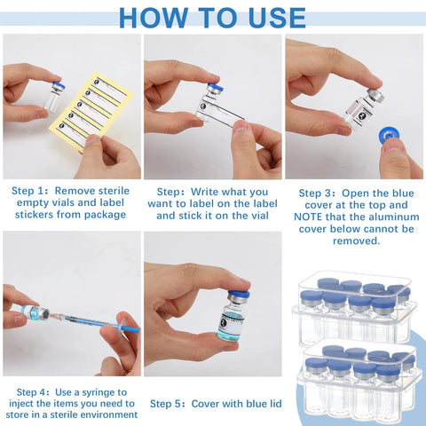 Threlaco 2ml sterile empty vials with blue caps and 20 label stickers shown in a step-by-step collage with syringe and storage rack