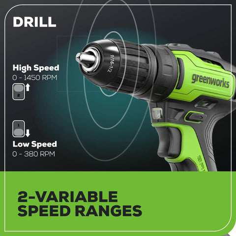 Close-up of the 24V Brushless Cordless Drill And Impact Driver Combo Kit With Half Inch Drill showcasing speed settings.