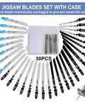 Front view: Craluuur 30-piece T-shank jigsaw blade set in plastic case for wood, metal, plastic cutting