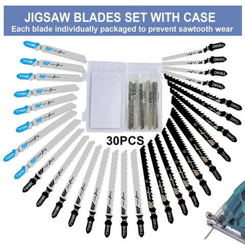 Front view: Craluuur 30-piece T-shank jigsaw blade set in plastic case for wood, metal, plastic cutting