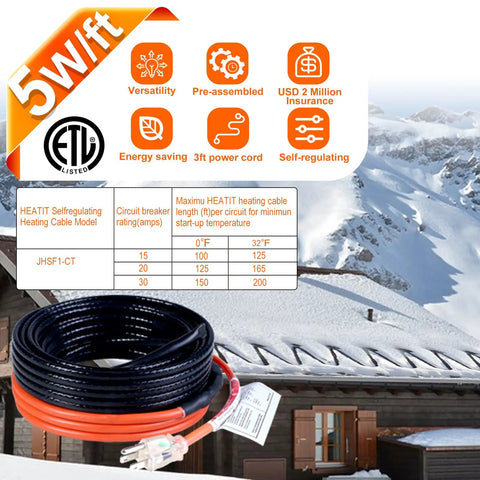 Self Regulating Sewage Pipe Heating Cable For Buried Pipes And Wastewater Lines, Sump Pumps, And Roof De-Icing, 120V Fluoropolymer, Corrosion-Proof, Freeze Protection, 50 Ft, ETL Listed, UL Certified Plug