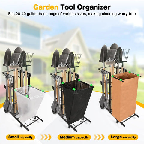 Mobile Trash Bag Holder And Tools Organizer Cart 2 In 1 With Metal Frame On 360 Degree Wheels, three sizes shown with tools.