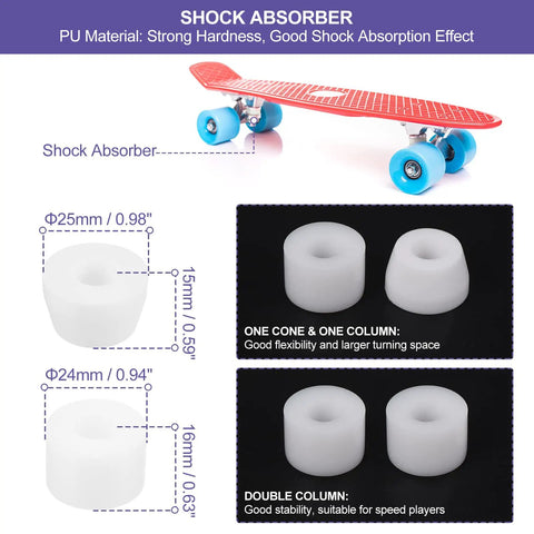 8 Pack Roller Skate Wheels Set For Quad Skates And Skateboards 58mm By 32mm ABEC 9 Bearings 82A PU Hardness Includes 2 Toe Stoppers And All Hardware Ideal For Double Row Skates Indoor Or Outdoor Pink, showcasing white shock absorbers and dimensions.