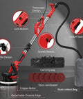 Heavy Duty Drywall Sander For Knocking Off Popcorn Ceilings Fast With 8 Amp Motor And Slick Retractable Pole Complete With Dust Catcher Bag showing telescopic design and accessories.