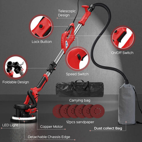 Heavy Duty Drywall Sander For Knocking Off Popcorn Ceilings Fast With 8 Amp Motor And Slick Retractable Pole Complete With Dust Catcher Bag showing telescopic design and accessories.
