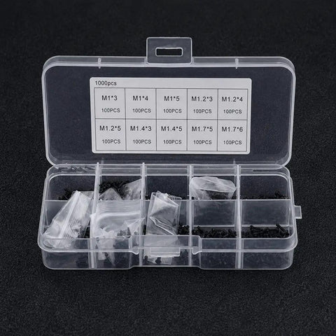 Knockout 1000 Piece Self Tapping Screw Assortment Kit With Tough Carbon Steel Phillips Pan Head Mini Fasteners M1.4 To M3 Sizes in clear organizer.
