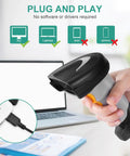 Handheld Barcode Scanner With USB Wired Connection, 1D 2D and PDF417 Data Matrix Reader being used with a laptop.
