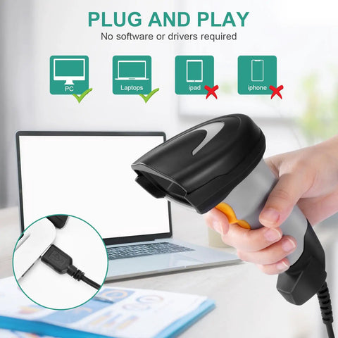 Handheld Barcode Scanner With USB Wired Connection, 1D 2D and PDF417 Data Matrix Reader being used with a laptop.