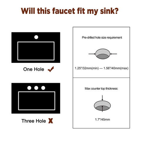 Diagram showing sink compatibility for Waterfall Bathroom Faucet With Single Handle Solid Brass Construction Oil Rubbed Bronze Finish Tall Vessel Sink Vanity Faucet Upgrade Your Bath With Durable Stainless Steel Mounting Hardware, indicating one-hole installation and max counter thickness.