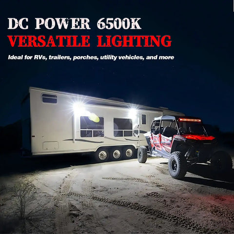12V RV Exterior Porch Light Aluminum Low Current LED Scene Lighting With 800 Lumens illuminating RV and utility vehicle