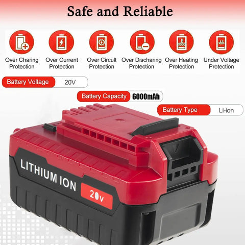 2 Pack 20V Lithium Ion Battery Compatible With Porter Cable 20V Max Power Tools Replacement High Capacity 6 Ah Rechargeable Heavy Duty Knockout Cordless Tool Battery Beefy Build with protection features.