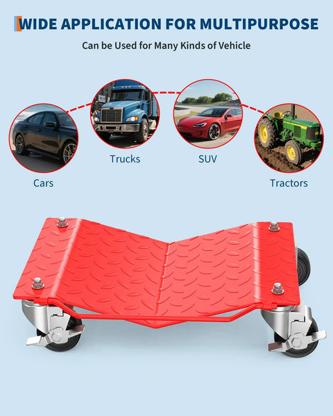 Heavy Duty Wheel Dolly Set Of 4 6000Lbs Capacity Automotive Moving Platform With Reinforced 4MM Steel V Shaped Design for various vehicles.