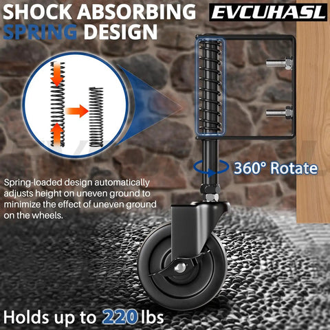 Top Shelf 4 Inch Spring Loaded Gate Caster Wheel With Side Brake And 360 Degree Swivel For Outdoor Wooden Fence Gates Heavy Duty Rig Built Like A Tank To Roll Smooth Over Bumps Black Pair, showing shock absorbing spring design.