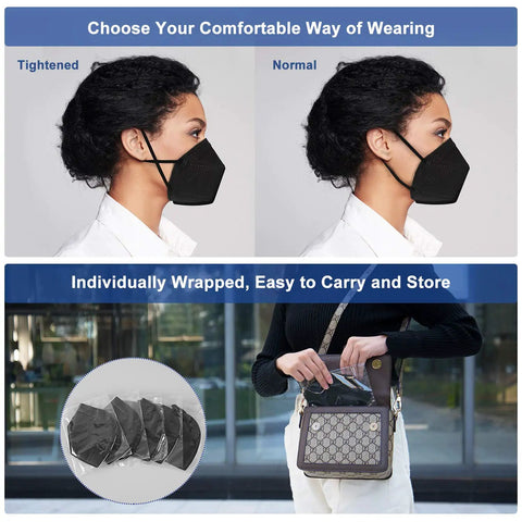 Woman adjusting KN95 Face Mask 60 Pack Individually Wrapped 5 Layer Breathable Masks With Comfortable Elastic Ear Loops