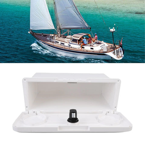 White plastic pontoon boat glove-box storage console with lockable lid and cup holders; front view.