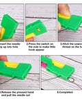 Steps showing how to use the automatic needle threader from the Must Have 46 Piece Sewing Tools Kit with 9 Automatic Needle Threading Devices.