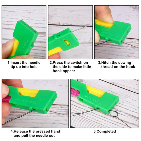Steps showing how to use the automatic needle threader from the Must Have 46 Piece Sewing Tools Kit with 9 Automatic Needle Threading Devices.