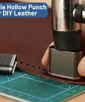 Close-up of 52 Shapes Leather Hole Punch Set With Hollow Punch Dies For Belts And DIY Crafts in use on leather material.
