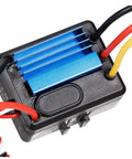 Close-up of 35A ESC for 3600KV 4Pole Sensorless Brushless RC Car Motor, blue aluminum heatsink, and wires for RC cars