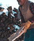 Heavy Duty Full Grain Cowhide Cold Weather Mittens Built Dang Tough With Heat Keep Thermal Insulation and Easy Pull On Cuff used for lifting firewood.