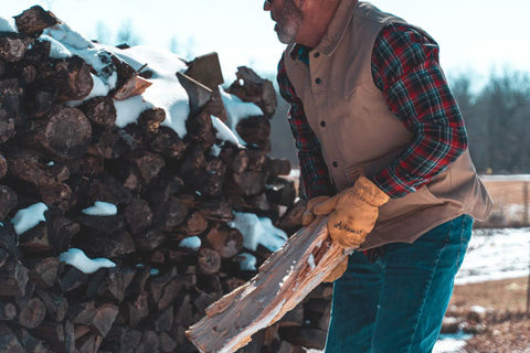 Heavy Duty Full Grain Cowhide Cold Weather Mittens Built Dang Tough With Heat Keep Thermal Insulation and Easy Pull On Cuff used for lifting firewood.