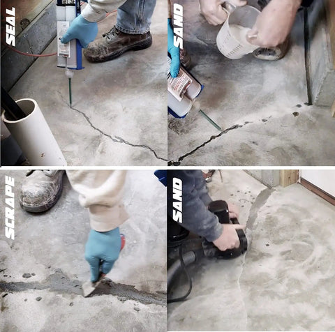 Image showing a Concrete Crack Repair Kit Fast Cure No Grinding Self Leveling For Floors And Slabs Basement Garage And Driveway Complete DIY Repair Set With Hairline Crack Fill being used.