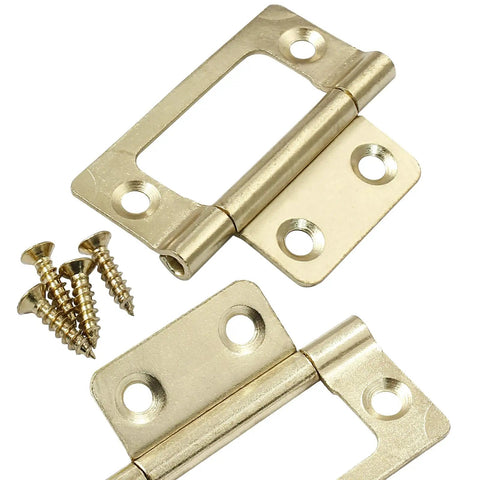 Heavy Duty Ten Pack Two Inch Gold Non Mortise Door Hinges With Mounting Screws For A Straight Shot Setup, showing two hinges and screws.