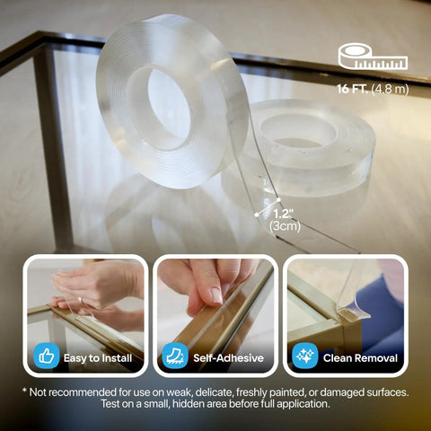 Bonk Free Household Furniture Edge Guard For Baby Proofing And 16 Foot Pre Taped Clear Corner Protectors displayed on a glass surface.