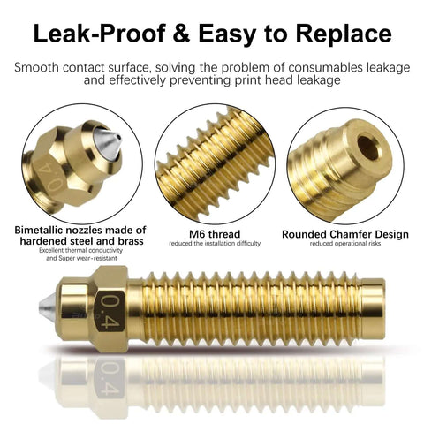 Close-up of brass and hardened steel nozzle from 2 Pack 0.4mm Centauri Carbon Hotend Kit For Elegoo CC And CC2 3D Printer