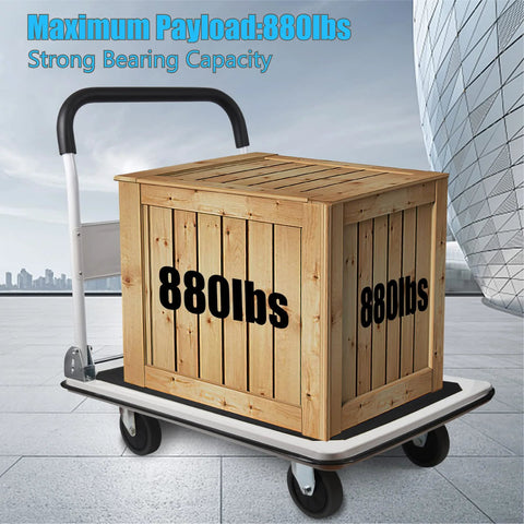 Heavy Duty Foldable Platform Truck with 880 lb capacity loading a wooden crate, large size utility cart for industrial and home use.