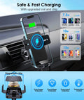 Wireless Car Charger Mount With Auto Clamping Air Vent Phone Holder, 15W Fast Wireless Charging For iPhone and Samsung displayed in car.