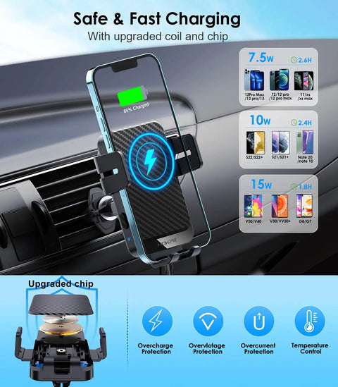 Wireless Car Charger Mount With Auto Clamping Air Vent Phone Holder, 15W Fast Wireless Charging For iPhone and Samsung displayed in car.