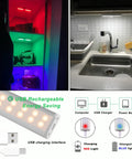 Wireless Under Cabinet Lights Kit With 48 LED RGB Color Changing in kitchen and shelf, USB charging, showcases energy-saving feature