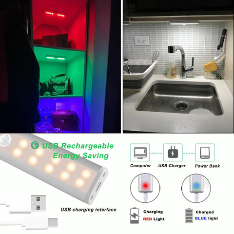 Wireless Under Cabinet Lights Kit With 48 LED RGB Color Changing in kitchen and shelf, USB charging, showcases energy-saving feature