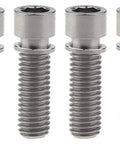Built Tough Titanium Bike Bolt Set Inner Hexagon Fasteners Lightweight Corrosion Resistant Cycling Hardware Dial In Your Custom Build With Premium Blue Screws That Are Rock Solid: close-up of four titanium bolts with inner hexagon heads.