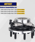 Front Wheel Bearing and Hub Assembly for Dodge Ram 1500 2500 3500 2006 2007 2008, 8 Lug, Front 4WD, ABS Ready, OEM Grade Replacement