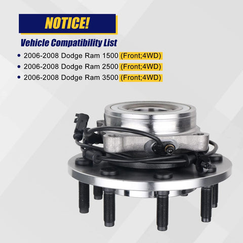 Front Wheel Bearing and Hub Assembly for Dodge Ram 1500 2500 3500 2006 2007 2008, 8 Lug, Front 4WD, ABS Ready, OEM Grade Replacement