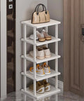 Tall 5-tier bamboo shoe rack in white with shoes and handbag, perfect as a 5 Tier Bamboo Shoe Rack Space Saver Vertical Organizer for tight spots.