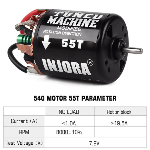 540 Brushed RC Motor 55T Waterproof for 1/10 Scale Crawlers showing specs, fits Axial SCX10 Pro, TRX4, D90