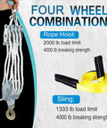 Heavy Duty Rope Hoist Kit With 4000 Lb Breaking Strength, 65 Ft Poly Rope, 2 Sling Straps, 2 Ton Wheel Block And Tackle System