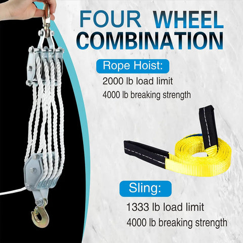 Heavy Duty Rope Hoist Kit With 4000 Lb Breaking Strength, 65 Ft Poly Rope, 2 Sling Straps, 2 Ton Wheel Block And Tackle System