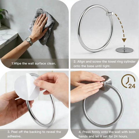 Self Adhesive Towel Ring Wall Mount Brushed Nickel SUS304 Stainless Steel Rustproof Hand Towel Holder installation steps