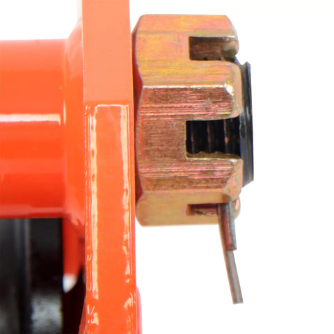 Close-up of Beefy Dual Wheels Beam Trolley with adjustable flange width 2.56 to 7.48 inches, 2-ton capacity alloy steel side view