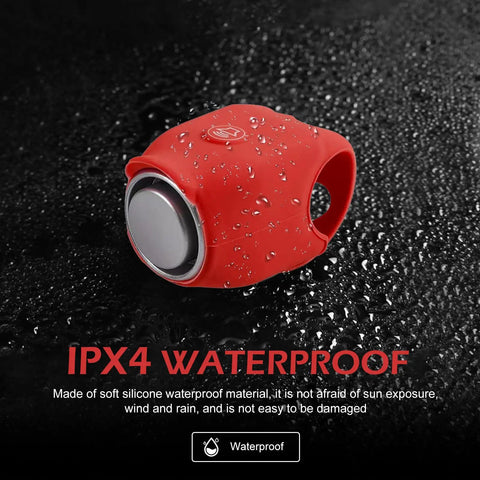 120dB Waterproof Silicone Bicycle Horn With 6 Sound Options Universal Handlebar Alarm For Adults Kids Bikes Scooters Ebikes Loud As Heck City Warning Bell Red, red silicone waterproof horn on wet black surface