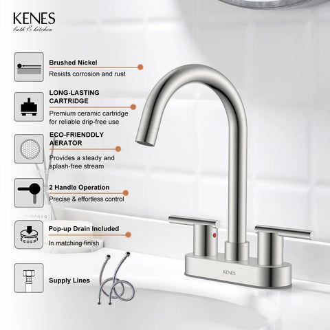 4 Inch 2 Handle Centerset Brushed Nickel Lead Free Bathroom Faucet With Pop Up Drain And Two Water Supply Lines Modern Commercial Style Easy Install Durable Must Have For Everyday Bathroom Use shown with feature icons