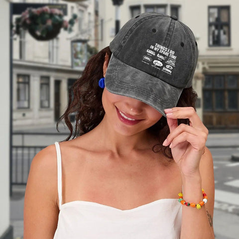 Woman wearing Vintage Black Baseball Cap With Low Profile Curved Brim For RV Lovers And Caravan Travelers Casual Golf And Outdoor Leisure Dad Hat Funny Things I Do In My Spare Time Cap
